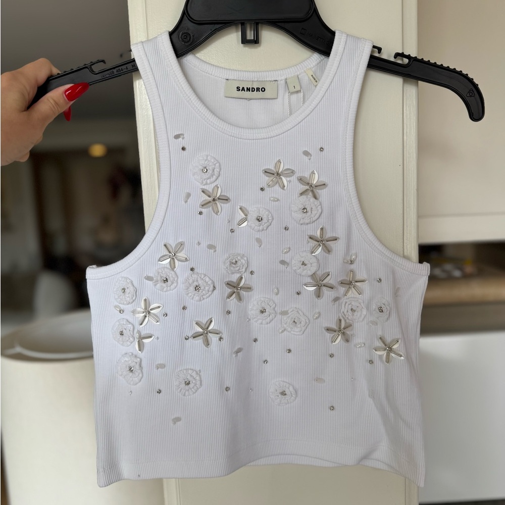 NWT Sandro White Embellished Floral Crop Top - Size Small